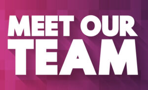 A decorative image with a pink and purple gradient background and text stating "Meet Our Team"