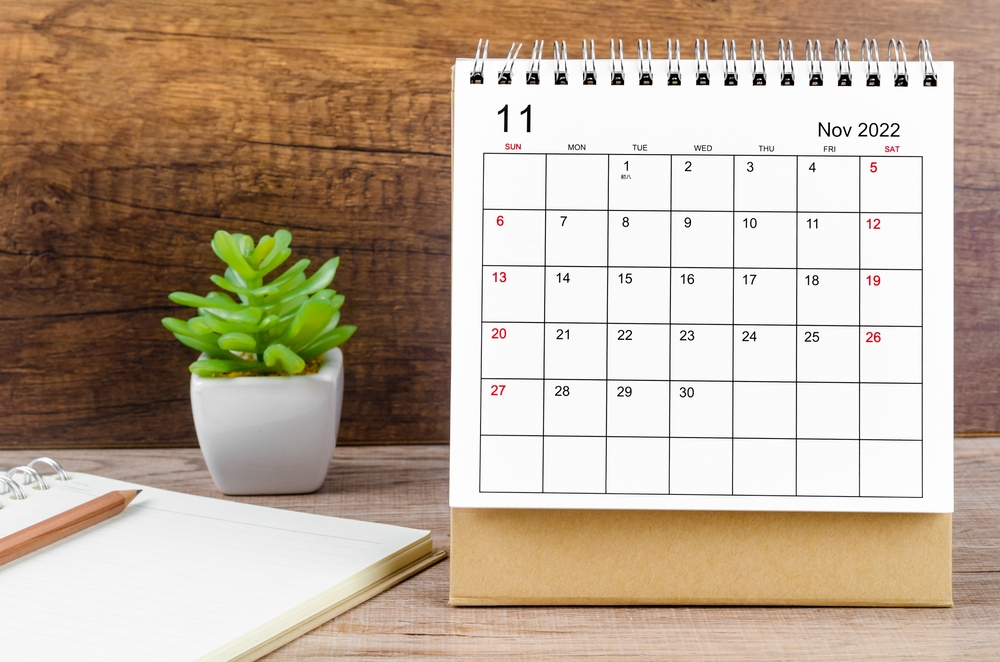 A spiral bound desktop calendar displaying November of 2022.