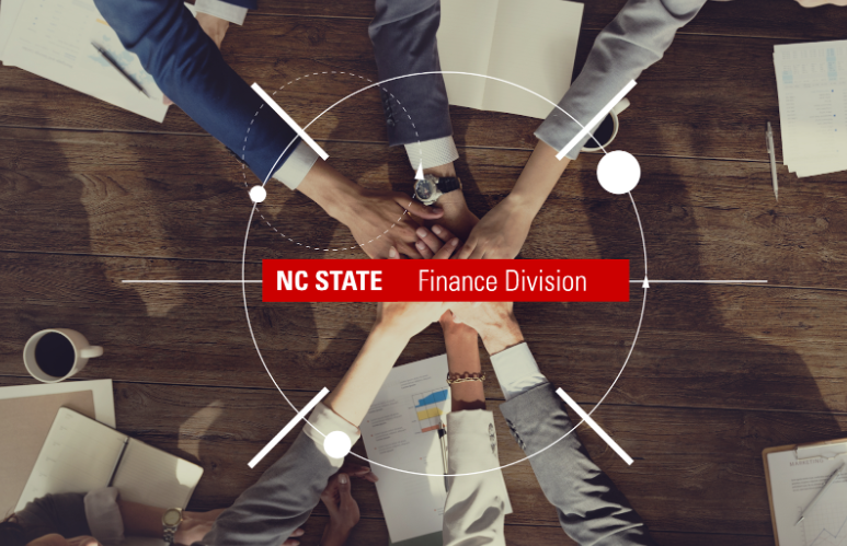 A group of employees joining hands in the backgorund with the NC State Finance Division logo in the foreground