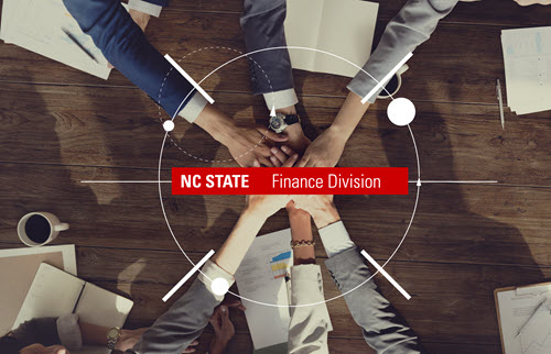 A group of employees joining hands in the backgorund with the NC State Finance Division logo in the foreground