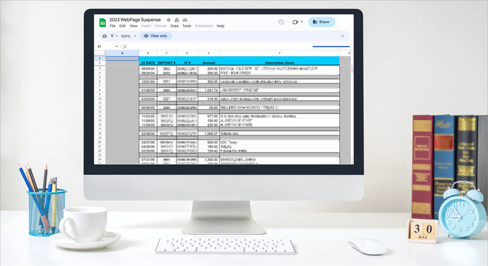 A desktop computer showing a Google Sheet called 2023 WebPage Suspense