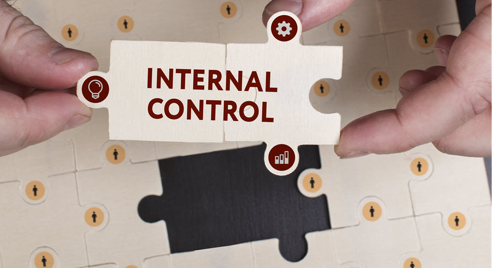 A person completing a puzzle holding two pieces that combine to spell out "INTERNAL CONTROL."