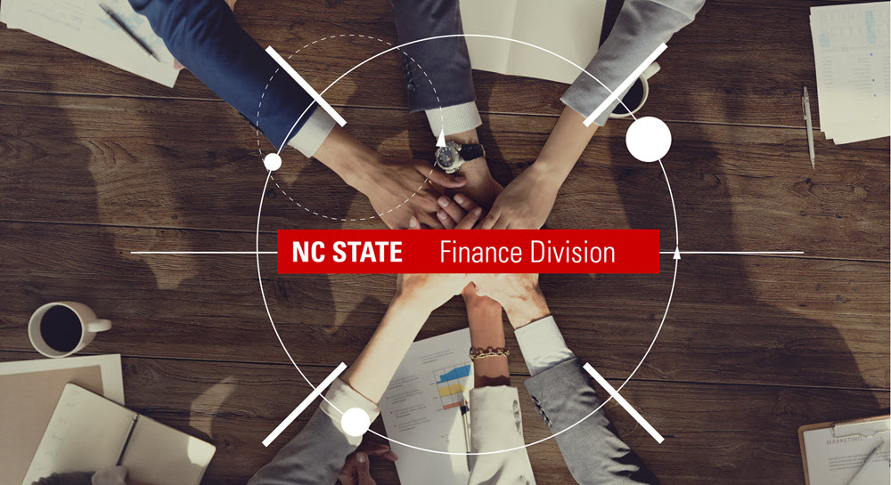 A group of employees joining hands in the backgorund with the NC State Finance Division logo in the foreground