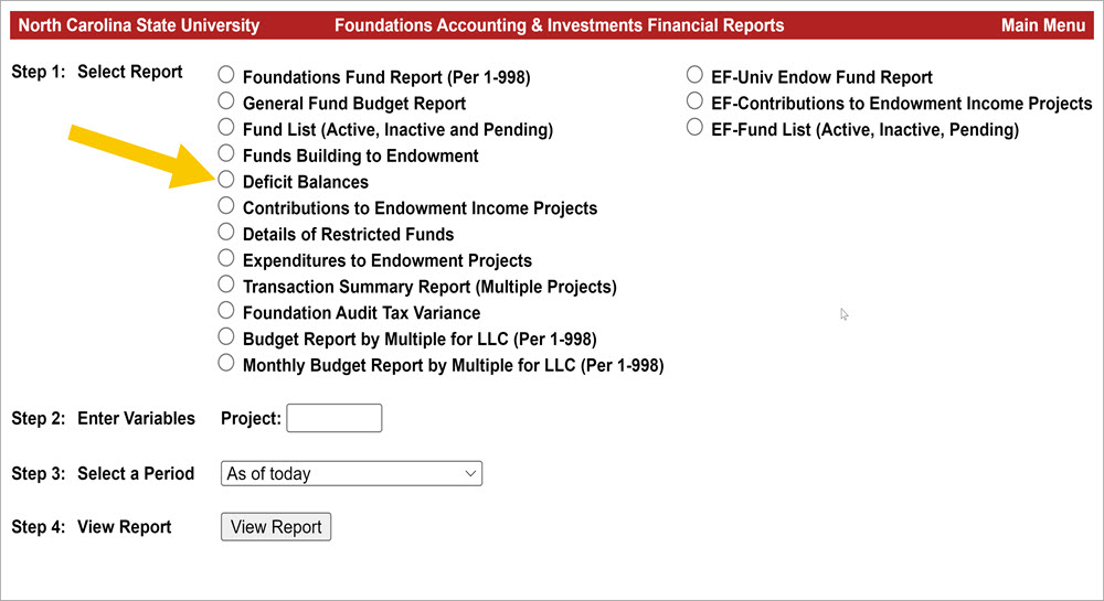 A screenshot of Foundations Accounting and Investments Financial Reports and how to access the Defecit Balances report