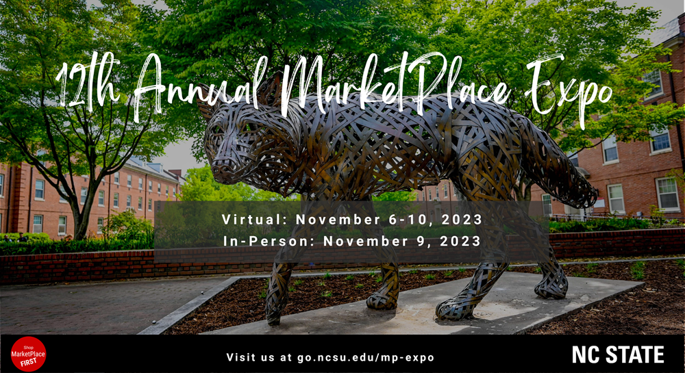 A decorative image featuring a wolf sculpture in the background and information for the 12th Annual MarketPlace Expo in the foreground.