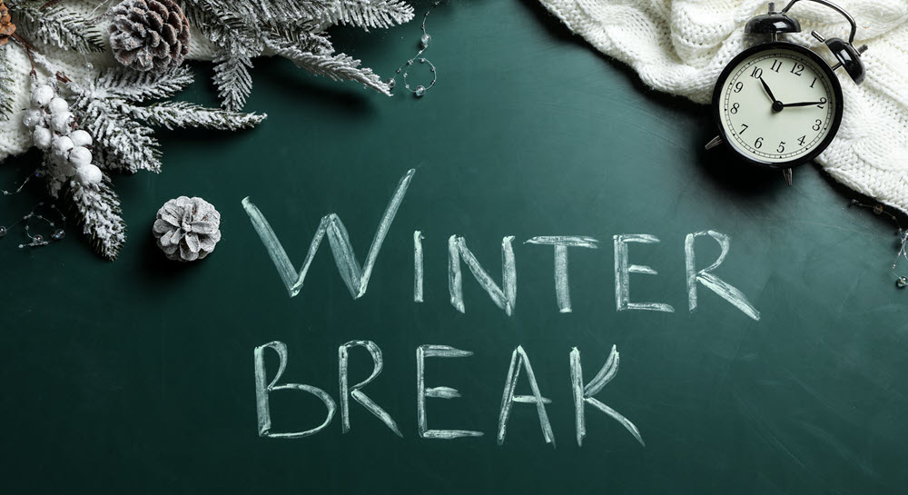 A decorative graphic with a winter-themed background and the words "Winter Break" written on a green chalkboard