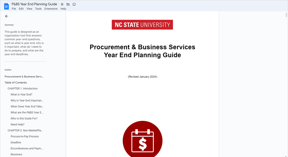A screenshot of the Procurement and Business Services Year End Planning Guide