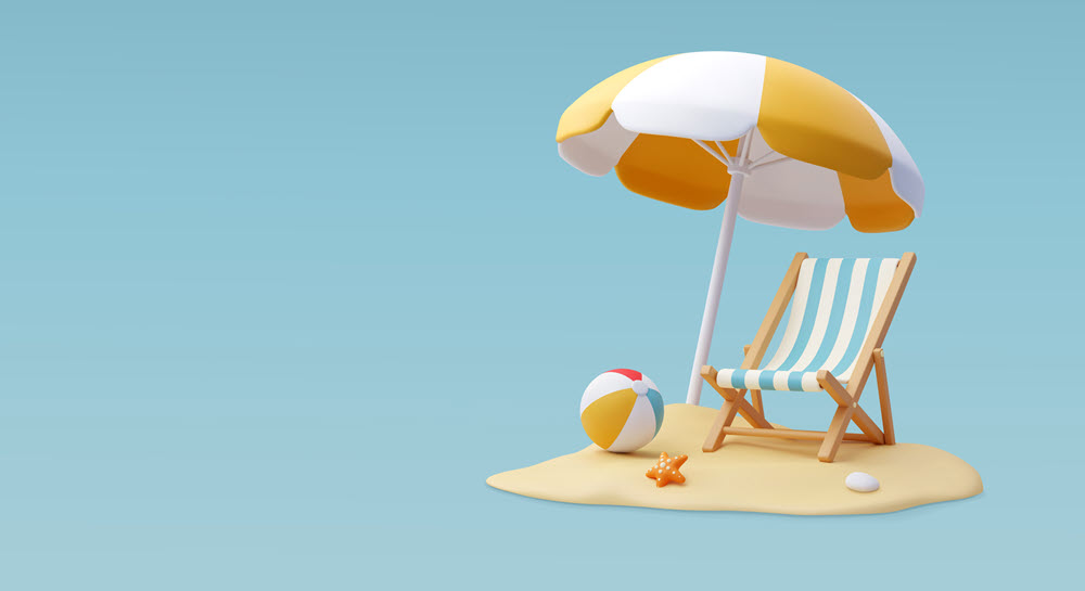 A beach chair, umbrella and beach ball on a small patch of sand surrounded by a blue background