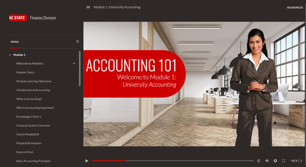 The introduction screen to Module 1 of Accounting 101