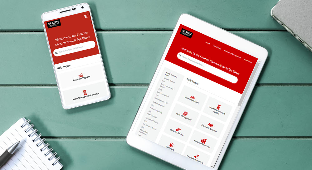 A cell phone and a tablet, both displaying the Finance Division Knowledge Base