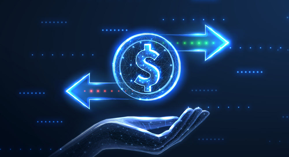 A futuristic hand with a dollar sign hovering above it. The symbol has a red arrow pointing left and a green arrow pointing right.