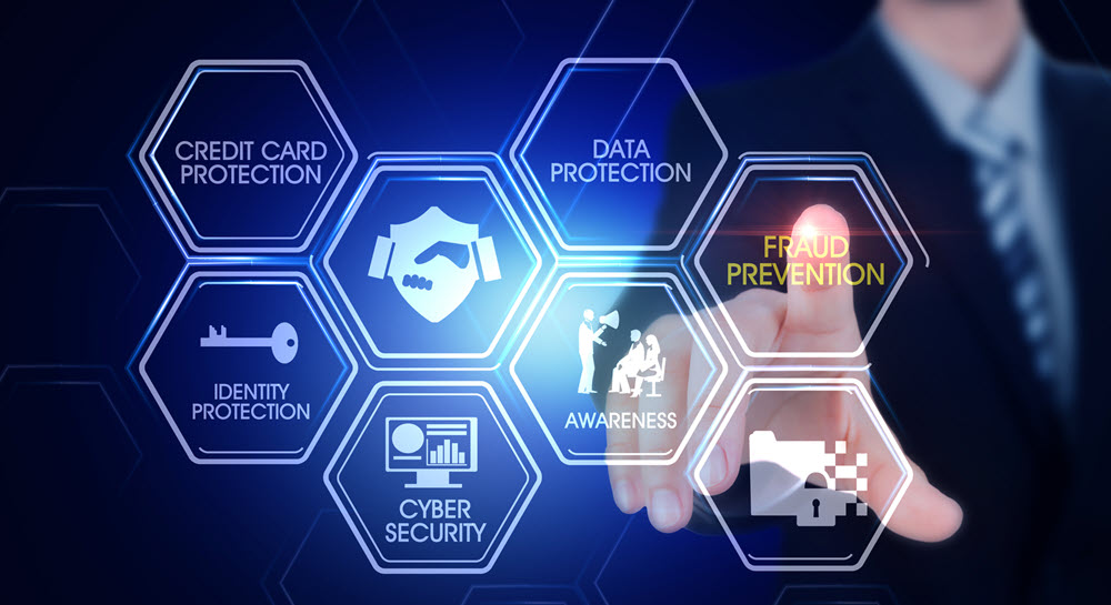 A person touching a digital screen showing icons and text for credit card protection, data protection, fraud prevention, cybersecurity, awareness, and identity protection.