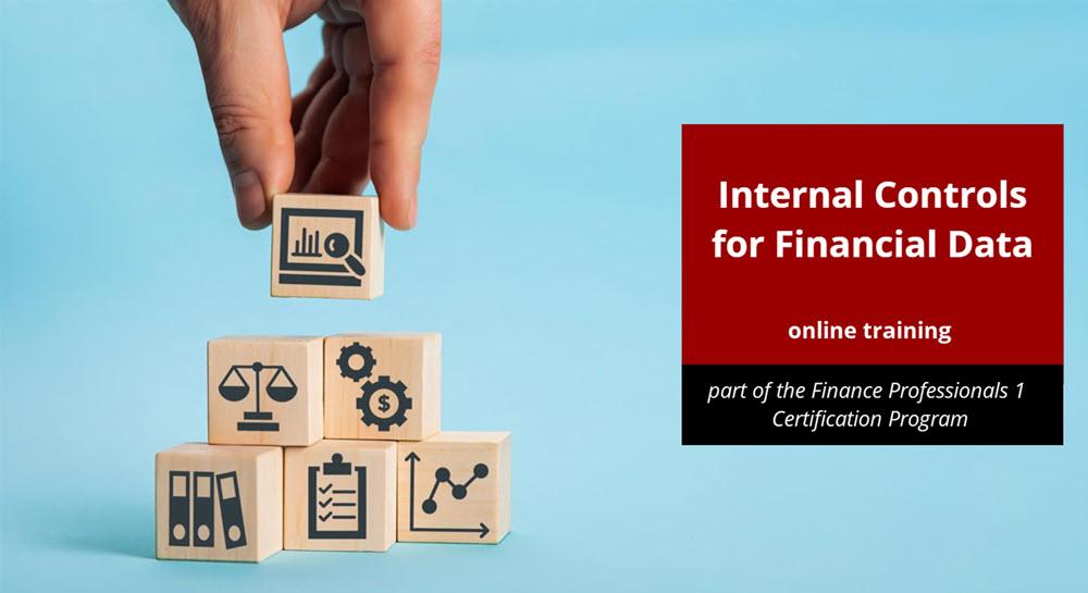 The title screen for Internal Controls for Financial Data online training, showing a hand stacking blocks featuring a variety of business-related icons