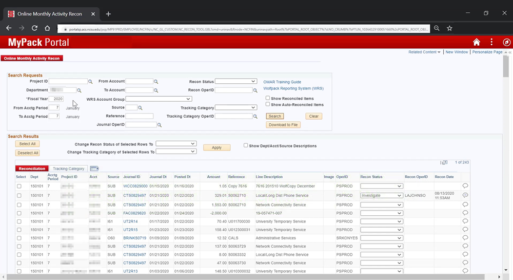 A screenshot of the Online Monthly Activitiy Recon, or OMAR, tool in the MyPack Portal.