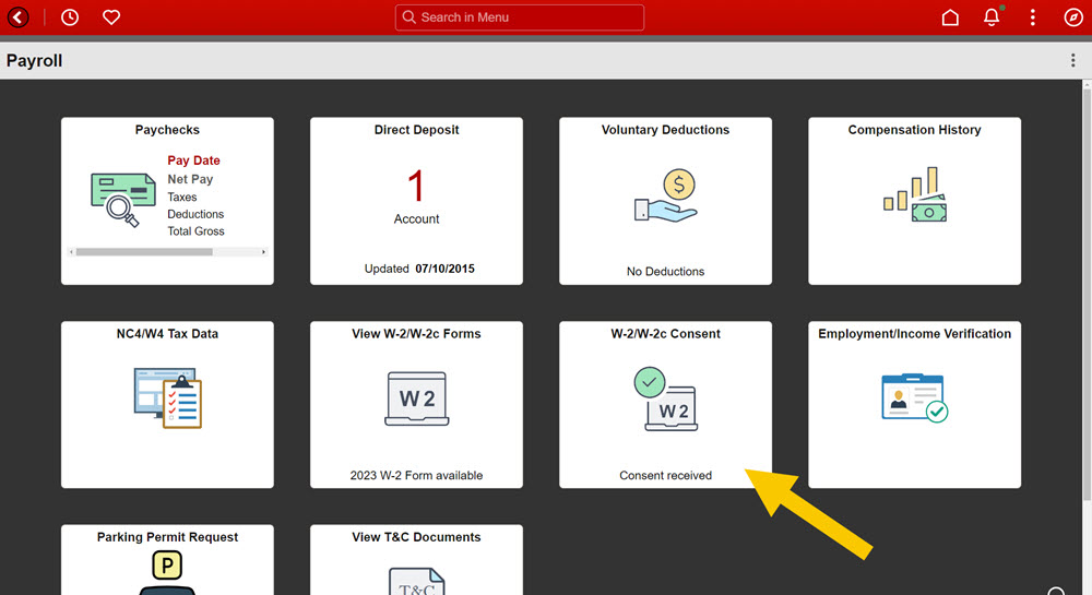 A screenshot of the MyPack Portal with an arrow pointing to the W-2/W-2c Consent link.