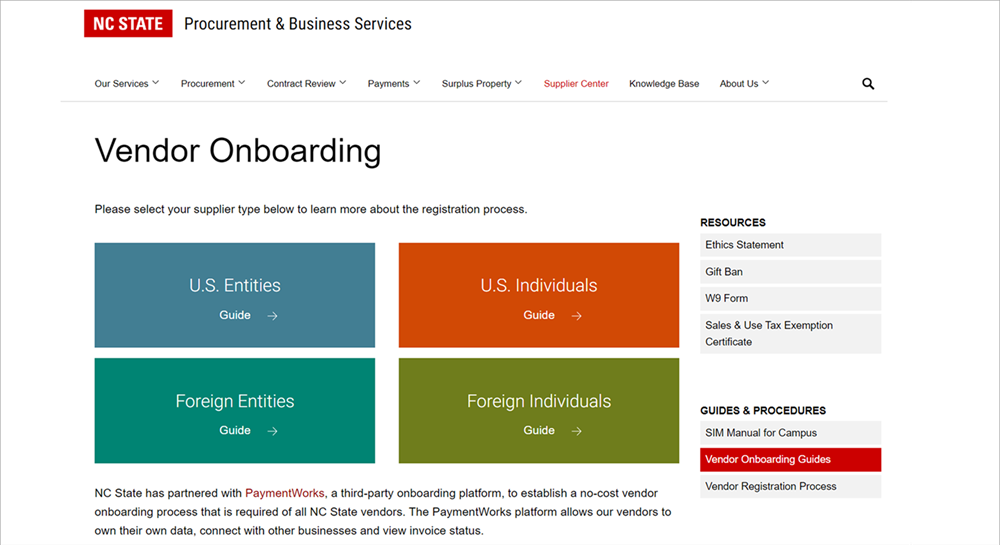 A screenshot of the Procurement and Business Services Vendor Onboarding website