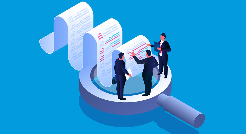 Three people standing on a large magnifying glass while reading a large report