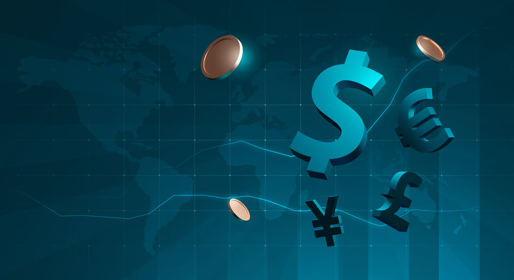 A world map with coins and currency symbols