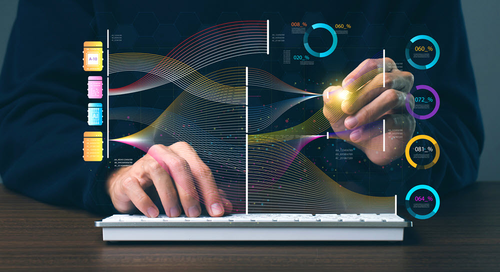 A person typing on a keyboard with data analysis graphics above it
