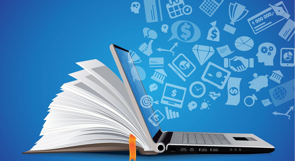 A book morphing into a laptop computer with various icons coming out of the scren, symbolizing learning