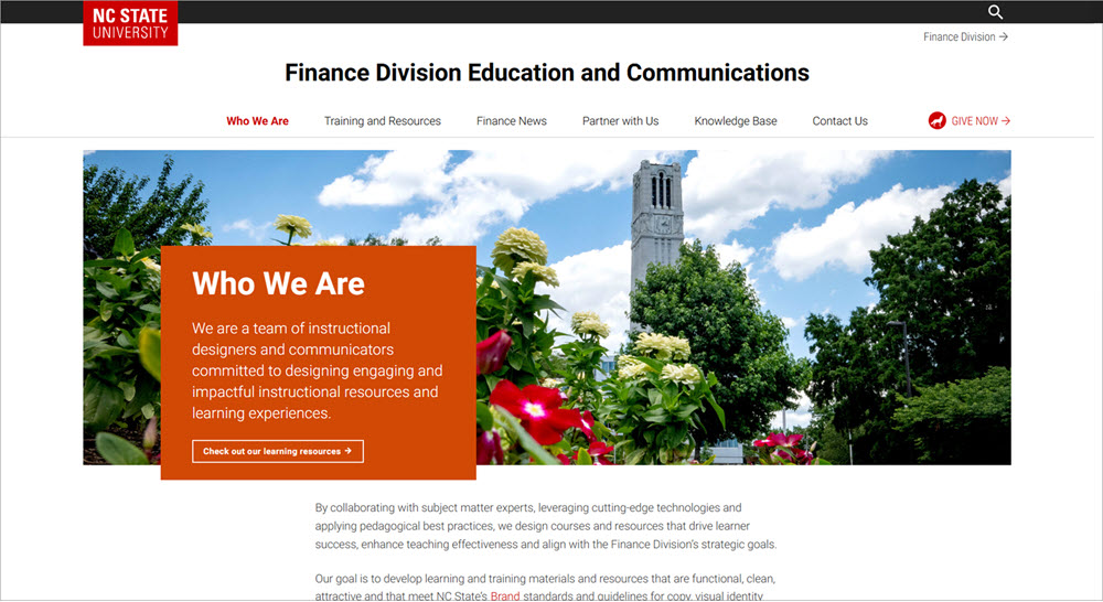 A screenshot of the Finance Division Education and Communications homepage.