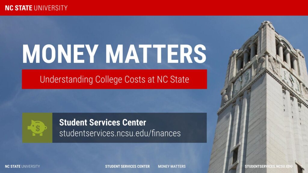 Student Service Center's Money Matters: Understanding College Costs at NC State presentation title page.
