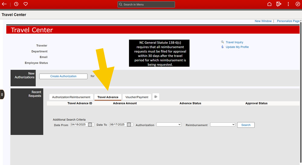 A screenshot from the Travel Center in MyPack Portal with the Travel Advance tab indicated with a large yellow arrow.