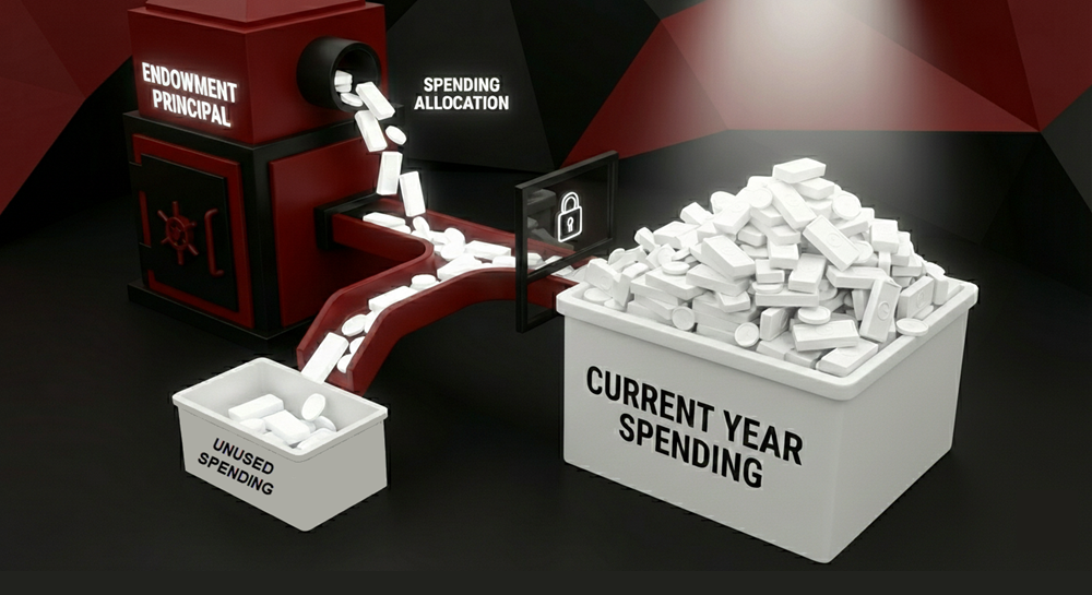 A graphic showing spending allocation from endowment principal being blocked from current year spending and being diverted to unused spending.